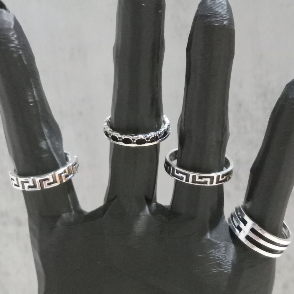 4 Silver Tone and Black Geometric Ring Set - Picture 3 of 3
